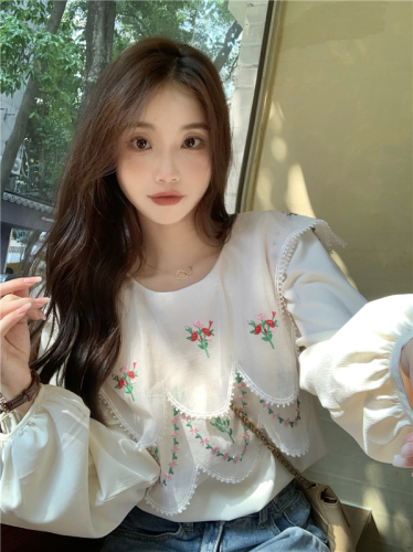 Real-life auction and real-price!  Korean doll collar chiffon shirt retro design niche splicing embroidered long sleeve chic shirt