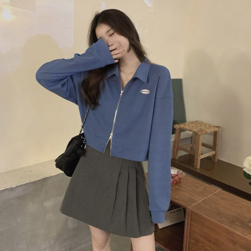 Real-life auction and real-price!  Korean retro small versatile double zipper long-sleeved jacket loose short polo collar top