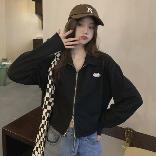 Real-life auction and real-price!  Korean retro small versatile double zipper long-sleeved jacket loose short polo collar top
