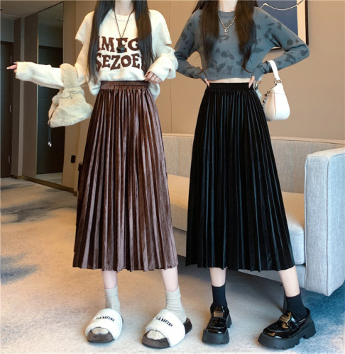 Spot real shots and real price gold velvet skirt mid-length women's pleated skirt waist slim long skirt A-line skirt