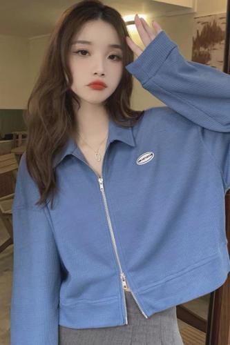 Real-life auction and real-price!  Korean retro small versatile double zipper long-sleeved jacket loose short polo collar top