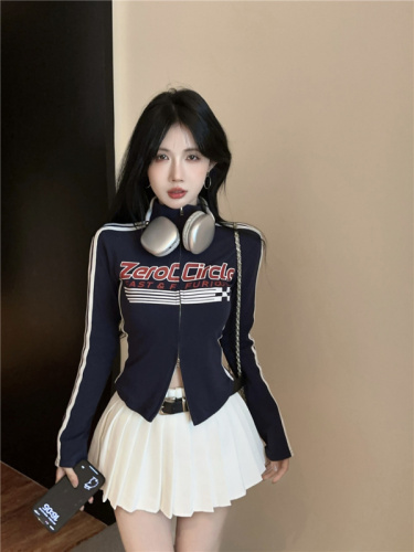 Real shot ~ 2024 autumn new American style printed stand collar design waist slimming double zipper short jacket