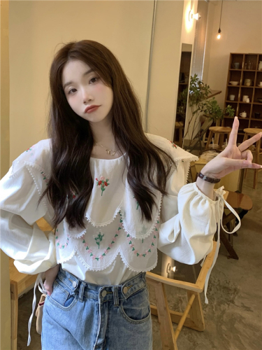 Real-life auction and real-price!  Korean doll collar chiffon shirt retro design niche splicing embroidered long sleeve chic shirt