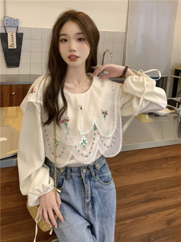 Real-life auction and real-price!  Korean doll collar chiffon shirt retro design niche splicing embroidered long sleeve chic shirt