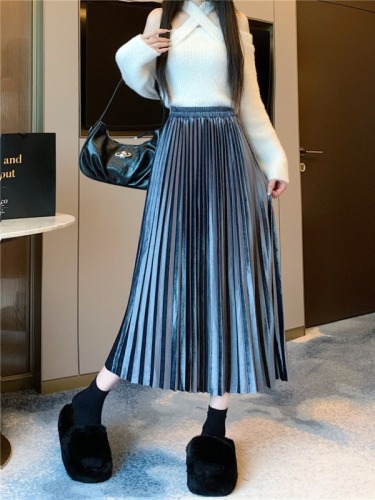 Spot real shots and real price gold velvet skirt mid-length women's pleated skirt waist slim long skirt A-line skirt