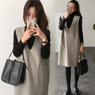 Cashmere V-neck Blazer Dress Autumn/Winter Korean Style Medium Length Double Faced Wool Blazer Dress Set 2-Piece Set