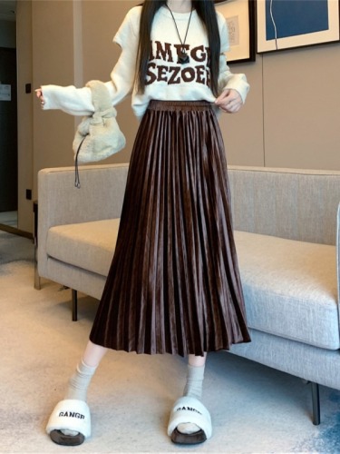 Spot real shots and real price gold velvet skirt mid-length women's pleated skirt waist slim long skirt A-line skirt