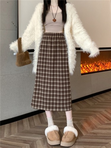 Spot real shots and real price, hair retro plaid hip-pack skirt for women in autumn and winter woolen A-line mid-length skirt