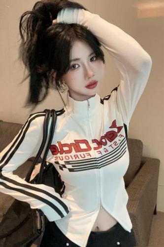 Real shot ~ 2024 autumn new American style printed stand collar design waist slimming double zipper short jacket