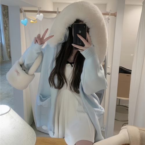 Leather Collar Hooded Long Sleeve Sweater Coat for Women - Winter New Fashion Stylish Thick Warm Knit Cardigan