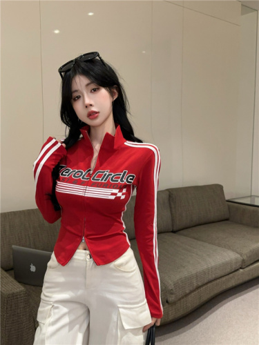 Real shot ~ 2024 autumn new American style printed stand collar design waist slimming double zipper short jacket