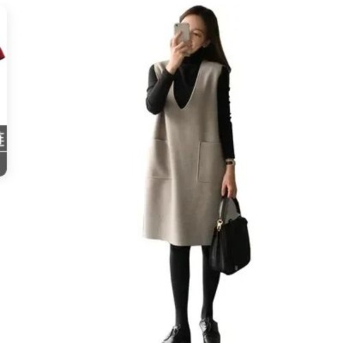 Cashmere V-neck Blazer Dress Autumn/Winter Korean Style Medium Length Double Faced Wool Blazer Dress Set 2-Piece Set