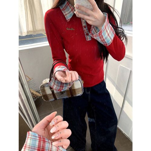 2025 Korean plaid polo collar base shirt for autumn and winter vacation two-piece spliced inner top