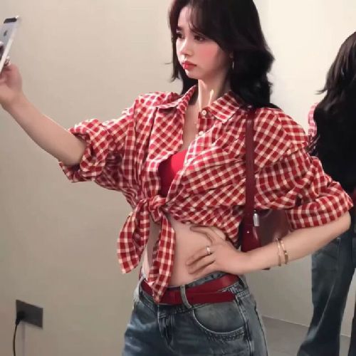 2025 Korean retro red plaid shirt for women in summer vintage relaxed casual sunscreen