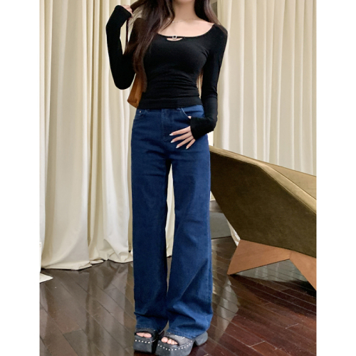 Real shot of 2025 autumn and winter new retro jeans for women loose floor pants blue straight wide-leg pants for women trousers trendy