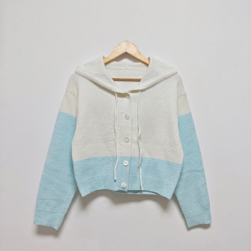 Japanese and Korean Style Belted Patchwork Cardigan Button Hoodie Thick Fleece Knit Sweater Long Sleeve Hooded Sweatshirt