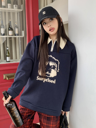 Real-life photography new autumn and winter design American polo collar sweatshirt contrast printing loose long-sleeved top for women