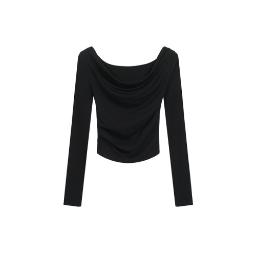 Real shot of 2025 spring and summer new style design and temperament slim neckline one-shoulder long-sleeved T-shirt women's base shirt top