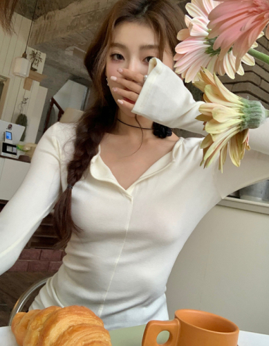 Real shot of 2025 autumn and winter new design half-open collar long-sleeved T-shirt for women slim and versatile base top