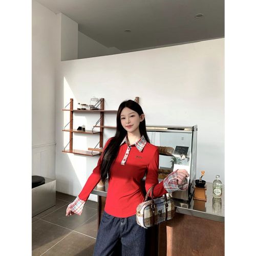 2025 Korean plaid polo collar base shirt for autumn and winter vacation two-piece spliced inner top