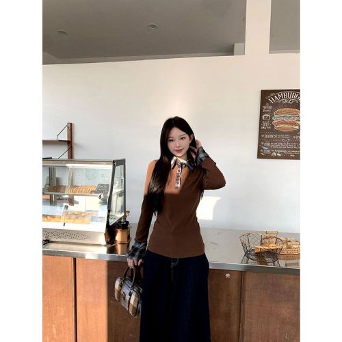 2025 Korean plaid polo collar base shirt for autumn and winter vacation two-piece spliced inner top