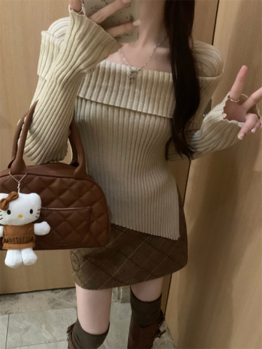 One-shoulder irregular sweater for women 2024 autumn and winter new red slim short base knitted top tight