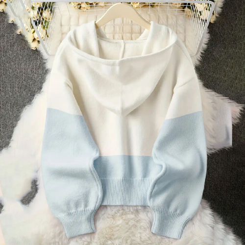 Japanese and Korean Style Belted Patchwork Cardigan Button Hoodie Thick Fleece Knit Sweater Long Sleeve Hooded Sweatshirt