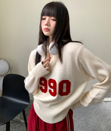 Real-life photography of new internet celebrity trendy digital design V-neck knitted sweater waist-hugging and slimming women's top