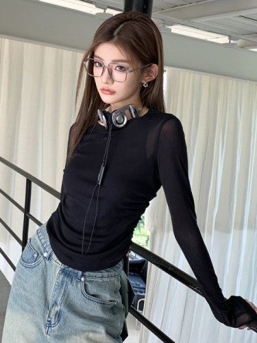 Real shot of 2025 autumn and winter new round neck drawstring design waist-hugging slim top T-shirt for women slim long-sleeved base shirt
