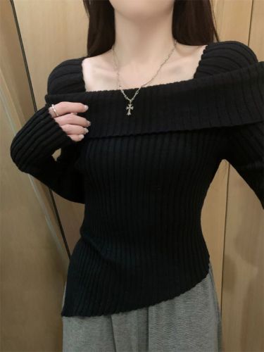 One-shoulder irregular sweater for women 2024 autumn and winter new red slim short base knitted top tight