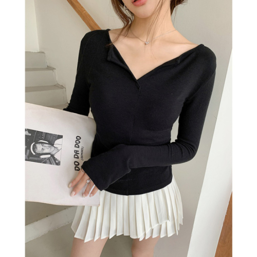 Real shot of 2025 autumn and winter new design half-open collar long-sleeved T-shirt for women slim and versatile base top