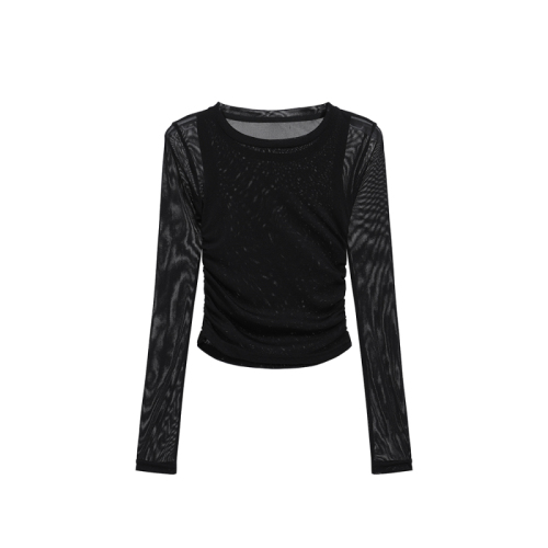 Real shot of 2025 autumn and winter new round neck drawstring design waist-hugging slim top T-shirt for women slim long-sleeved base shirt