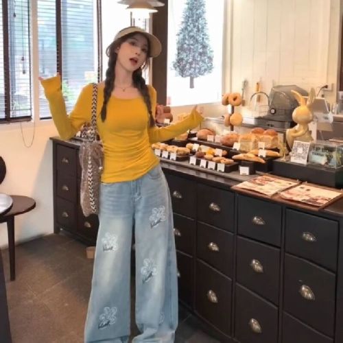 2025 Korean one-shoulder long-sleeved T-shirt for women in spring, small temperament and gentle body top trendy