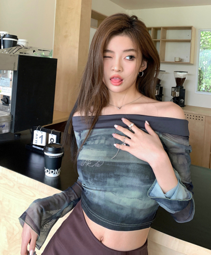 Real shot of 2025 autumn and winter new design sense European and American one-shoulder spicy women's mesh T-shirt, flared sleeves, slim body clothes