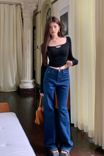 Real shot of 2025 autumn and winter new retro jeans for women loose floor pants blue straight wide-leg pants for women trousers trendy