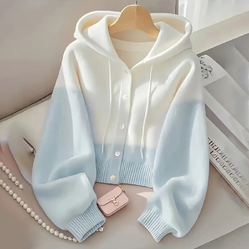 Japanese and Korean Style Belted Patchwork Cardigan Button Hoodie Thick Fleece Knit Sweater Long Sleeve Hooded Sweatshirt