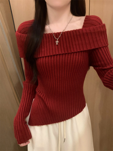 One-shoulder irregular sweater for women 2024 autumn and winter new red slim short base knitted top tight