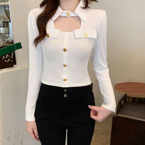 Photographed Designers' Little Tricks Metal Button POLO Collar Trousers-Fitted Long Sleeve Women's Autumn/Winter New Top