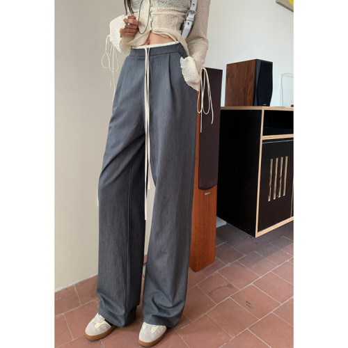 Real shot of 2025 autumn and winter new suit pants elastic waist drawstring design loose and slim wide-leg pants casual pants for women