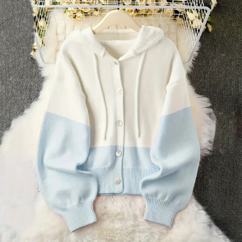 Japanese and Korean Style Belted Patchwork Cardigan Button Hoodie Thick Fleece Knit Sweater Long Sleeve Hooded Sweatshirt