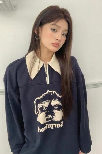 Real-life photography new autumn and winter design American polo collar sweatshirt contrast printing loose long-sleeved top for women