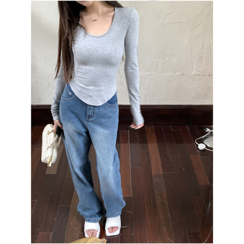 Real shot of 2025 autumn and winter new design blue loose wide-leg jeans for women with high waist slim and versatile casual trousers