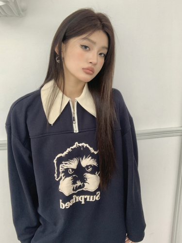 Real-life photography new autumn and winter design American polo collar sweatshirt contrast printing loose long-sleeved top for women