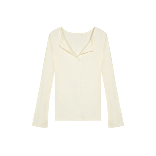 Real shot of 2025 autumn and winter new design half-open collar long-sleeved T-shirt for women slim and versatile base top