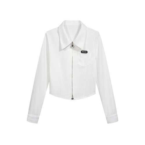 Real shot of 2025 autumn and winter new American polo collar design short top long sleeve love zipper shirt shirt for women