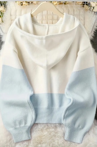 Japanese and Korean Style Belted Patchwork Cardigan Button Hoodie Thick Fleece Knit Sweater Long Sleeve Hooded Sweatshirt