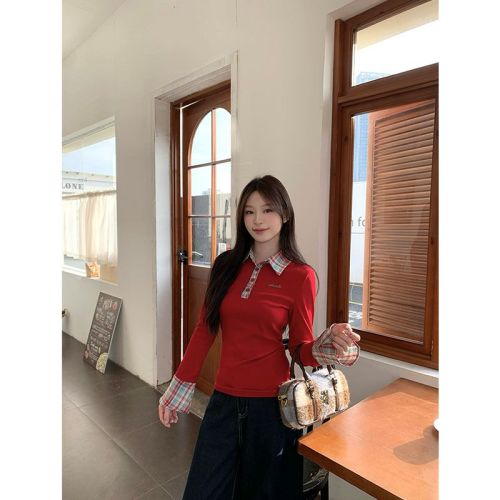 2025 Korean plaid polo collar base shirt for autumn and winter vacation two-piece spliced inner top
