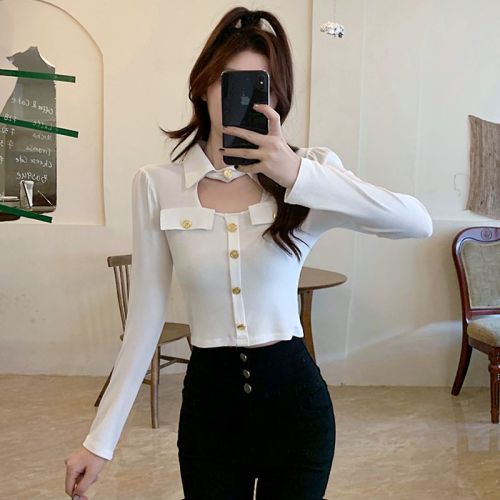 Photographed Designers' Little Tricks Metal Button POLO Collar Trousers-Fitted Long Sleeve Women's Autumn/Winter New Top