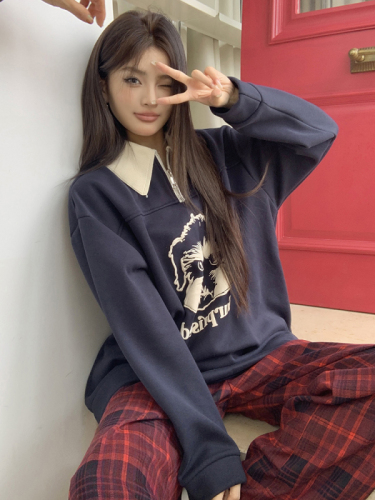 Real-life photography new autumn and winter design American polo collar sweatshirt contrast printing loose long-sleeved top for women