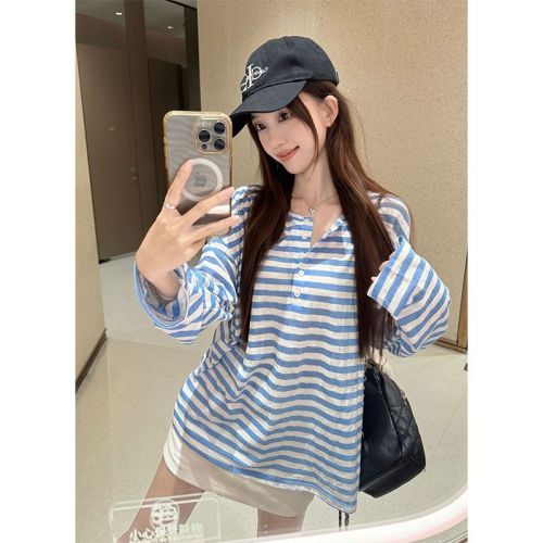 2025 South Korean foreign trade striped sunscreen T-shirt for women in summer long-sleeved shirt lazy casual loose top